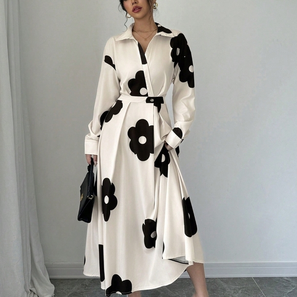 Dresses & Skirts - Long Sleeve Waist Cinching Print Dress +